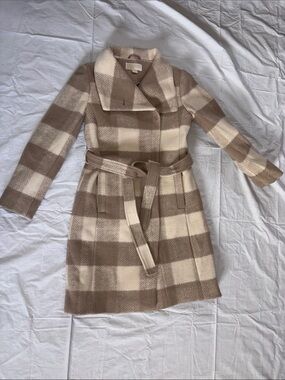 Michael Kors Cream and Tan Plaid Belted Wool Coat